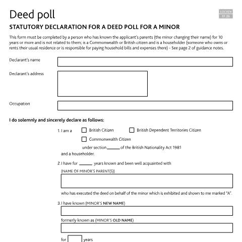 Document preview: Statutory declaration for changing a child's name by deed poll: Form LOC024 — HM Courts & Tribunals Service, United Kingdom