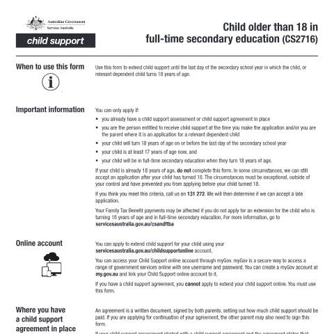 Document preview: Child over 18 in full time secondary education — Services Australia — Individuals (by code), Australia (CERFA n°CS2716)