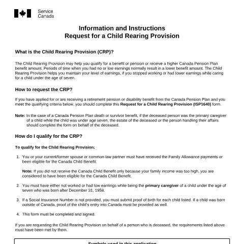 Document preview: Request for a Child Rearing Provision — Income Security Programs, Canada (CERFA n°ISP1640)