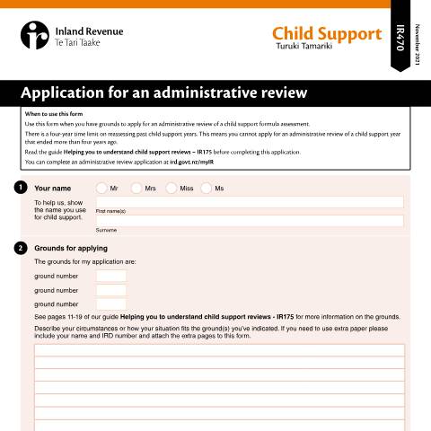 Document preview: Application for an administrative review — Child support, New Zealand (CERFA n°IR470)