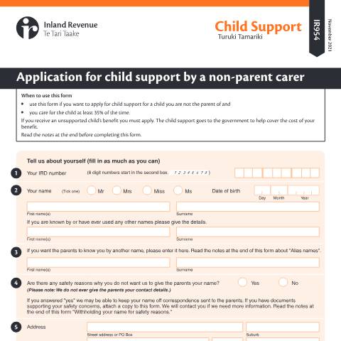 Document preview: Application to assess child support by a non-parent carer — Child support, New Zealand (CERFA n°IR954)