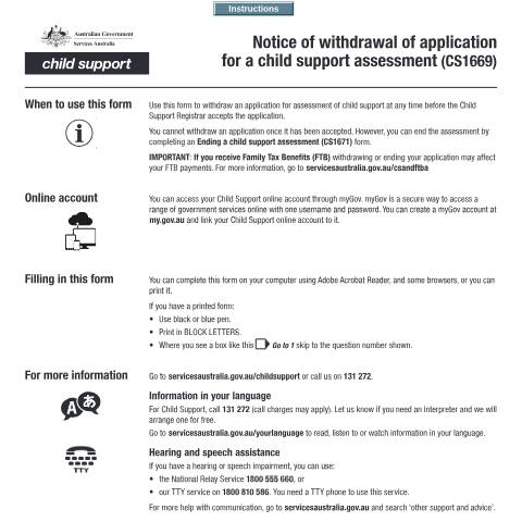 Document preview: Notice of withdrawal of application for a child support assessment — Services Australia — Individuals (by code), Australia (CERFA n°CS1669)
