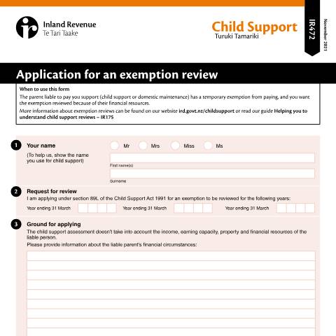 Document preview: Application for an exemption review — Child support, New Zealand (CERFA n°IR472)