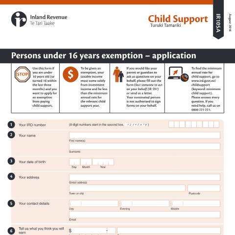 Document preview: Persons under 16 years exemption - application — Child support, New Zealand (CERFA n°IR105A)