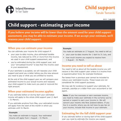 Document preview: Child support - estimating your income — Child support, New Zealand (CERFA n°IR151)