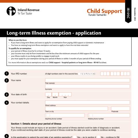 Document preview: Child support long-term illness exemption - application — Other, New Zealand (CERFA n°IR105C)