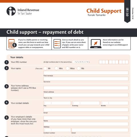 Document preview: Child support - repayment of debt — Other, New Zealand (CERFA n°IR130)