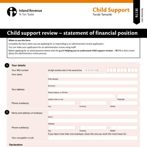 Document preview: Child support review – statement of financial position — Child support, New Zealand (CERFA n°IR178)
