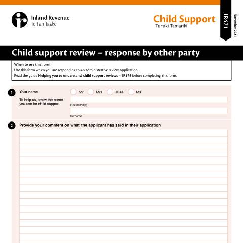 Document preview: Child support review – response by other party — Other, New Zealand (CERFA n°IR471)