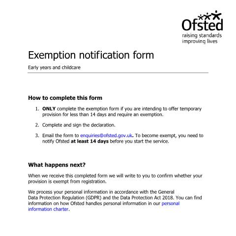 Document preview: Childcare services exempt from registering with Ofsted: form — Ofsted, United Kingdom