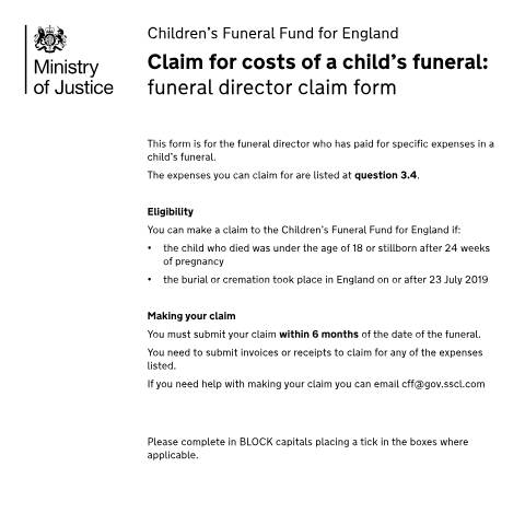Document preview: Claim for costs of a child's funeral (Children's Funeral Fund for England) — Ministry of Justice, United Kingdom