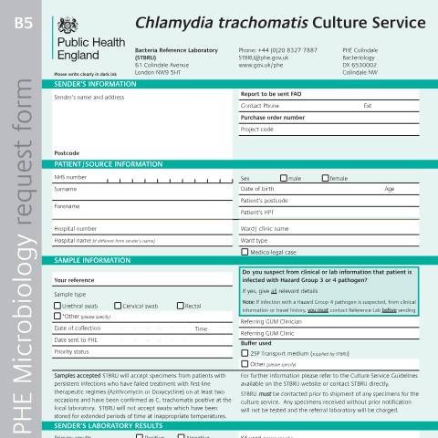 Document preview: Chlamydia trachomatis culture service request form — Public Health England, United Kingdom