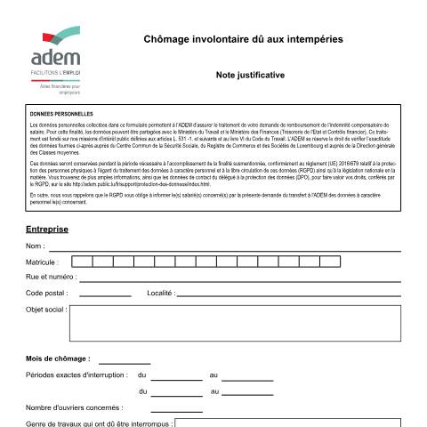 Aperçu du document Chômage involontaire dû aux intempéries - note justificative — Chomage, Luxembourg (CERFA n°cho-Intemperies-note)