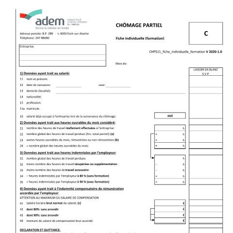 Aperçu du document Chômage partiel - fiche individuelle avec formation — Chomage, Luxembourg (CERFA n°CHP511-fiche-individuelle-formation)
