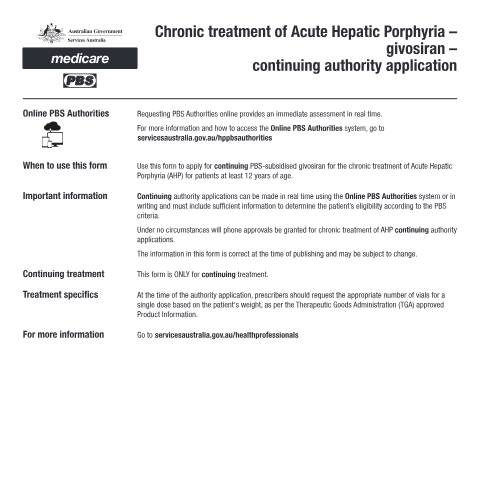 Document preview: Chronic treatment of Acute Hepatic Porphyria - givosiran - continuing authority application form (PB400) — Services Australia — Health professionals, Australia (CERFA n°PB400)