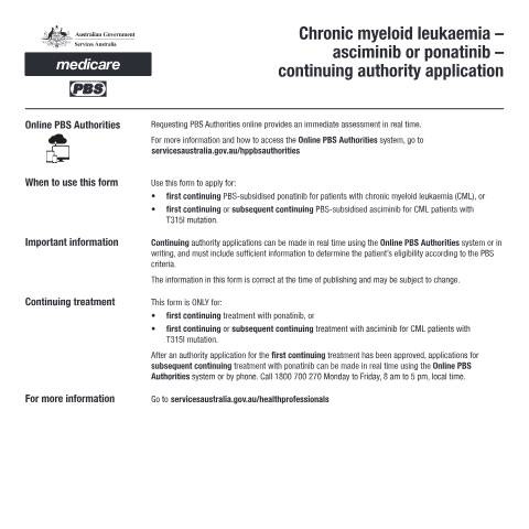 Document preview: Chronic myeloid leukaemia - asciminib or ponatinib - continuing authority application form (PB084) — Services Australia — Health professionals, Australia (CERFA n°PB084)