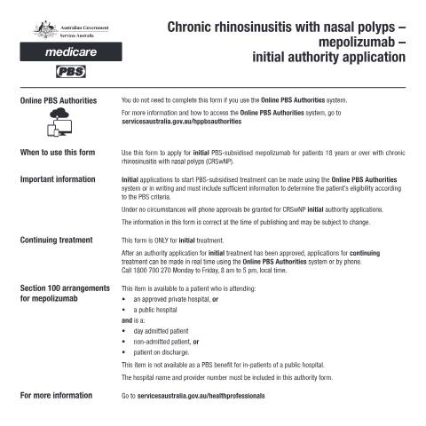 Document preview: Chronic rhinosinusitis with nasal polyps - mepolizumab - initial authority application form (PB348) — Services Australia — Health professionals, Australia (CERFA n°PB348)