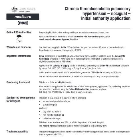 Document preview: Chronic thromboembolic pulmonary hypertension - riociguat - initial authority application form (PB192) — Services Australia — Health professionals, Australia (CERFA n°PB192)