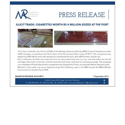 Document preview: Illicit Trade - Cigarettes worth Rs 4 million seized at the Port (07.09.17) — Document, Mauritius (CERFA n°SeizureCigarettes070917)