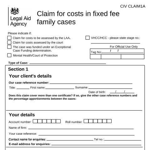 Document preview: CIV CLAIM1A: fixed fee public and private law schemes — Legal Aid Agency, United Kingdom