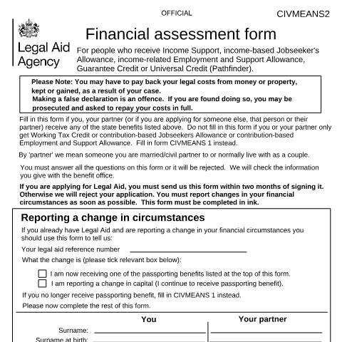 Document preview: CIV MEANS 2: financial assessment form for legal aid clients — Legal Aid Agency, United Kingdom