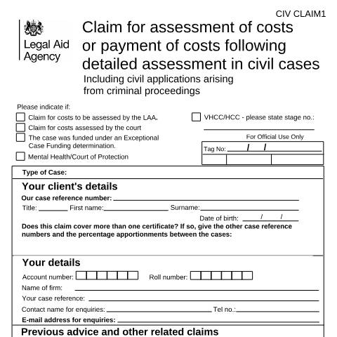 Document preview: CIV CLAIM1: civil claim form (not fixed fee) — Legal Aid Agency, United Kingdom
