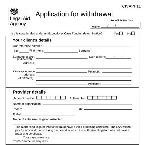 Document preview: CIV APP11: application for withdrawal — Legal Aid Agency, United Kingdom