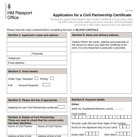Document preview: Civil partnership application form — HM Passport Office, United Kingdom