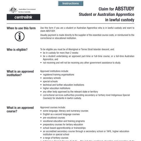 Document preview: Claim for ABSTUDY Student or Australian Apprentice in lawful custody — Services Australia — Individuals (by code), Australia (CERFA n°SY022)