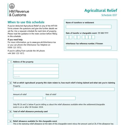 Document preview: Claim Agricultural Relief on assets held in a trust (D37) — HM Revenue & Customs, United Kingdom