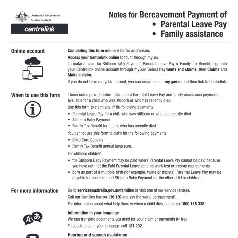 Document preview: Claim and Notes for Bereavement Payment — Services Australia — Individuals (by code), Australia (CERFA n°FA008M)