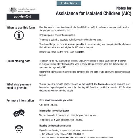 Document preview: Claim for Assistance for Isolated Children (AIC) — Services Australia — Individuals (by code), Australia (CERFA n°SY040)