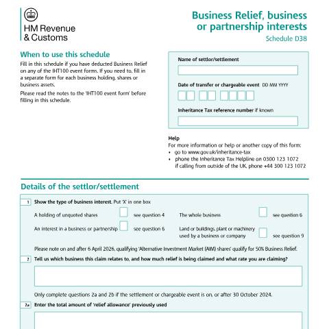 Document preview: Claim Business Relief for assets held in a trust (D38) — HM Revenue & Customs, United Kingdom