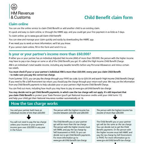 Document preview: Claim Child Benefit if you cannot claim online — HM Revenue & Customs, United Kingdom