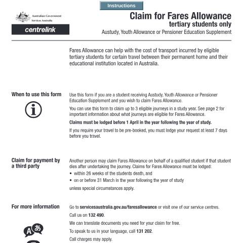 Document preview: Claim for Fares Allowance - tertiary students only - Austudy, Youth Allowance or Pensioner Education Supplement — Services Australia — Individuals (by code), Australia (CERFA n°SY005)