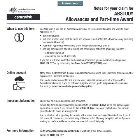 Document preview: Claim for ABSTUDY Allowances and Part time Award — Services Australia — Individuals (by code), Australia (CERFA n°SY021)