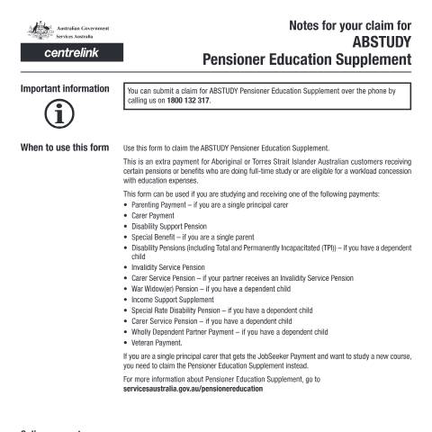 Document preview: Claim for ABSTUDY Pensioner Education Supplement — Services Australia — Individuals (by code), Australia (CERFA n°SY020)