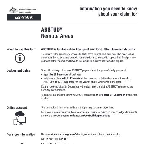 Document preview: Claim for ABSTUDY Remote Areas — Services Australia — Individuals (by code), Australia (CERFA n°SY092)