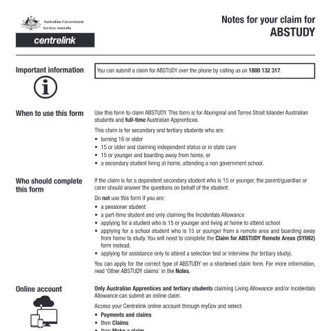 Document preview: Claim for ABSTUDY — Services Australia — Individuals (by code), Australia (CERFA n°SY019)