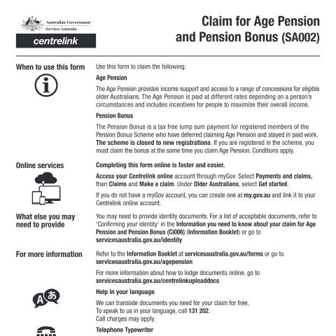 Document preview: Claim for Age Pension and Pension Bonus — Services Australia — Individuals (by code), Australia (CERFA n°SA002)