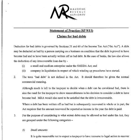 Document preview: Reviewed on 18 January 2016 — Form, Mauritius (CERFA n°Claimforbaddebts180116)