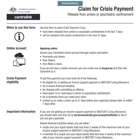 Document preview: Claim for Crisis Payment - Release from Prison or Psychiatric Confinement — Services Australia — Individuals (by code), Australia (CERFA n°SU508)