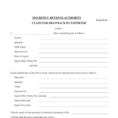 Document preview: Claim for drawback by exporter — Form, Mauritius (CERFA n°Form32ClaimforDrawbackByExporter)