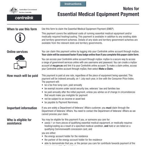 Document preview: Claim for Essential Medical Equipment Payment — Services Australia — Individuals (by code), Australia (CERFA n°SA440)