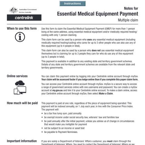 Document preview: Claim for Essential Medical Equipment Payment - Multiple Claim — Services Australia — Individuals (by code), Australia (CERFA n°SA451)