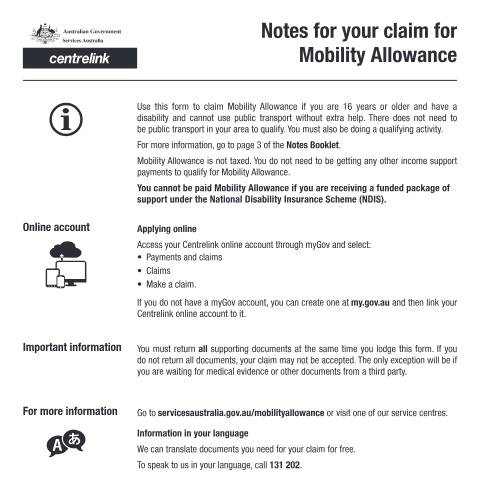 Document preview: Claim for Mobility Allowance — Services Australia — Individuals (by code), Australia (CERFA n°MA001)