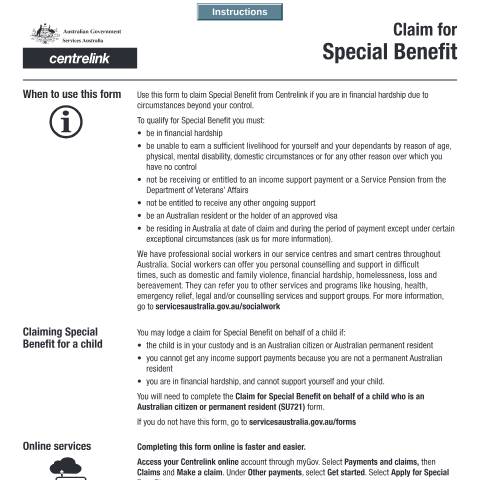Document preview: Claim for Special Benefit — Services Australia — Individuals (by code), Australia (CERFA n°SU004)