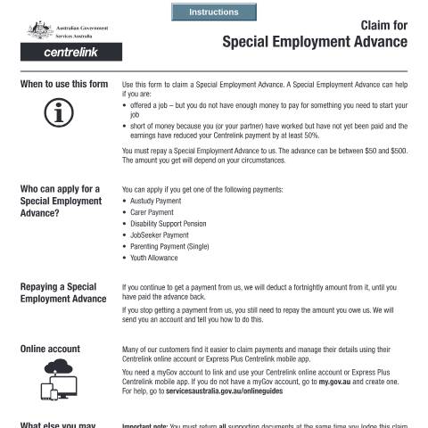 Document preview: Claim for Special Employment Advance — Services Australia — Individuals (by code), Australia (CERFA n°SU514)