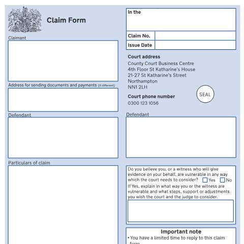 Document preview: Claim form (MCOL secure data transfer): N1SDT — HM Courts & Tribunals Service, United Kingdom