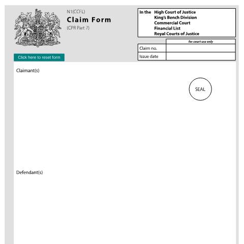 Document preview: Claim form Part 7 (Commercial Court Financial List): Form N1(CCFL) — HM Courts & Tribunals Service, United Kingdom